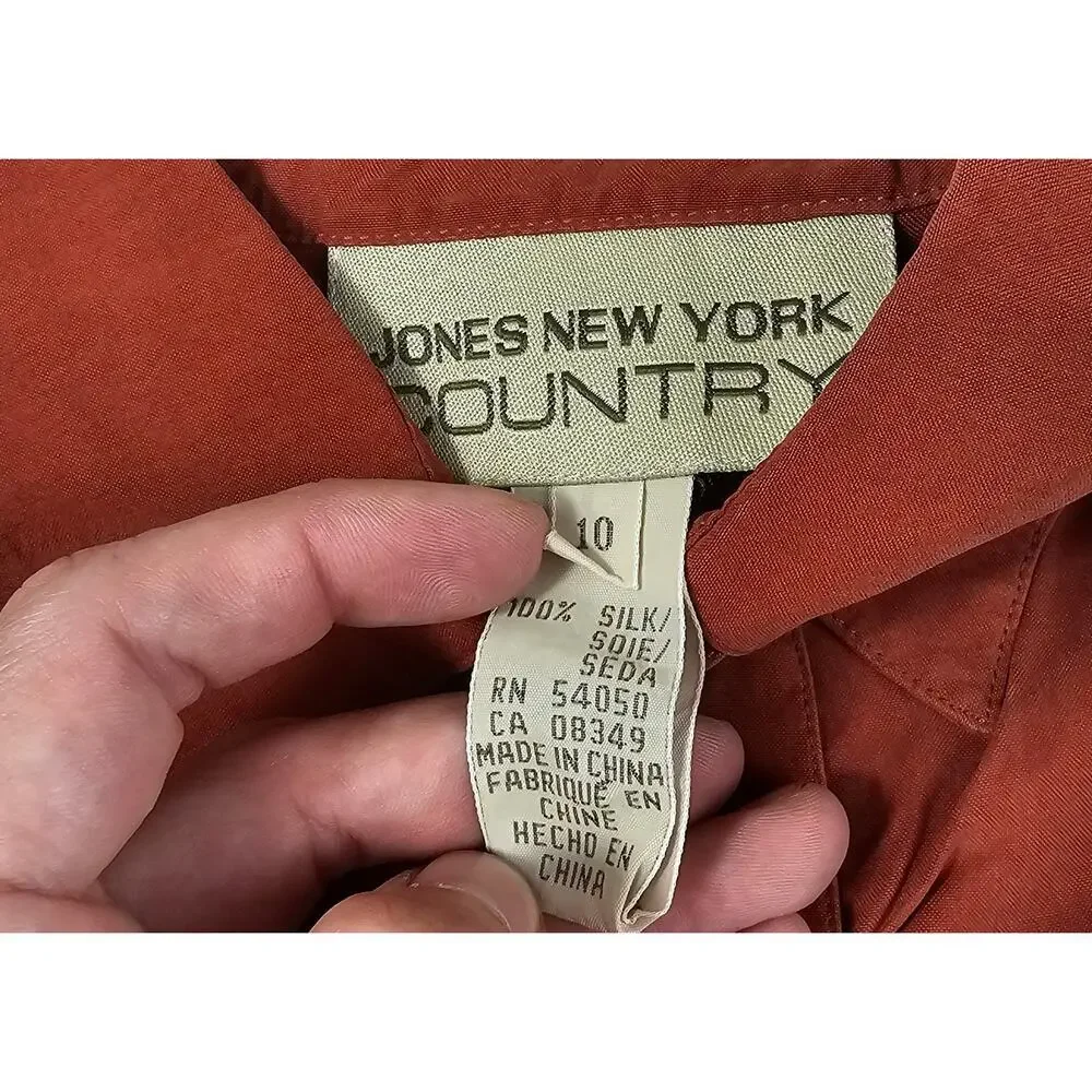 Jones NY country vintage silk coral button up blouse top sz 10 (XL) *FLAW*